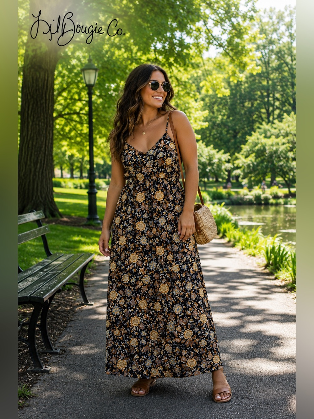MSK Floral Tie Front Maxi Dress Black Blue Gold Boho Cottagecore | Size L | EUC
